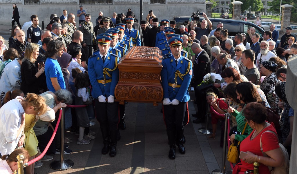 Members of Serbian Armed Forces Guard carry sarcophagus with Saint Bishop Nikolaj s remains into Church of Ascension