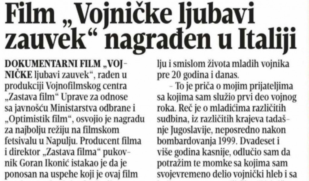 Blic Film Vojničke ljubavi zauvek nagrađen u Italiji