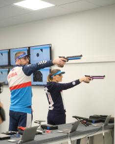 Minister Stefanović and Serbian national shooting team members with military school students  