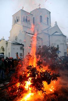 Yule Log Burnt in front of the Saint Sava Church